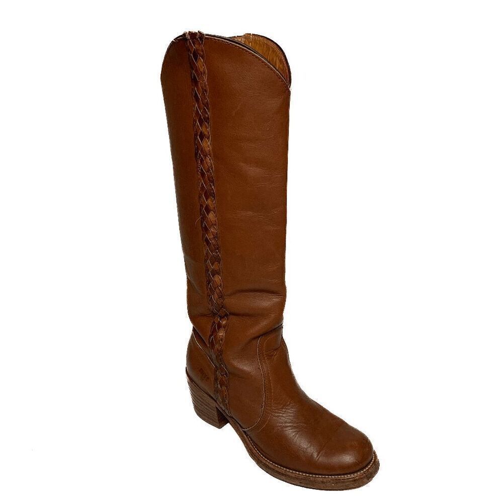 Frye Sabrina Braided Knee High Tall Heeled Leather Boots Size 6 Cognac Brown